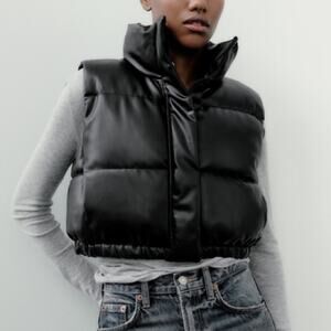 Zara Faux Leather Cropped Puffer Vest in Black Size XS